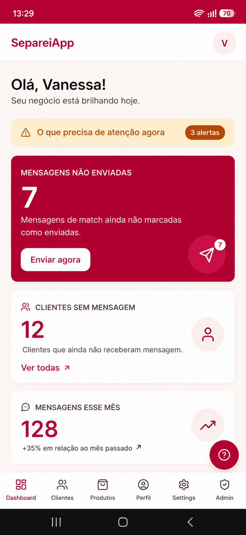 Dashboard do SepareiApp com alertas, mensagens e clientes para contatar