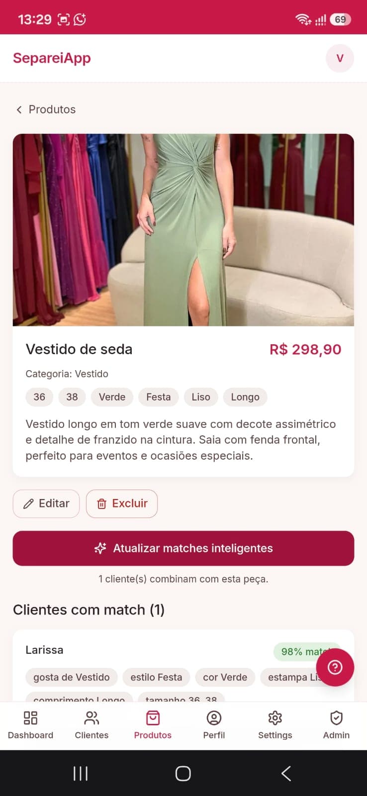 Tela do produto com cliente compatível no SepareiApp