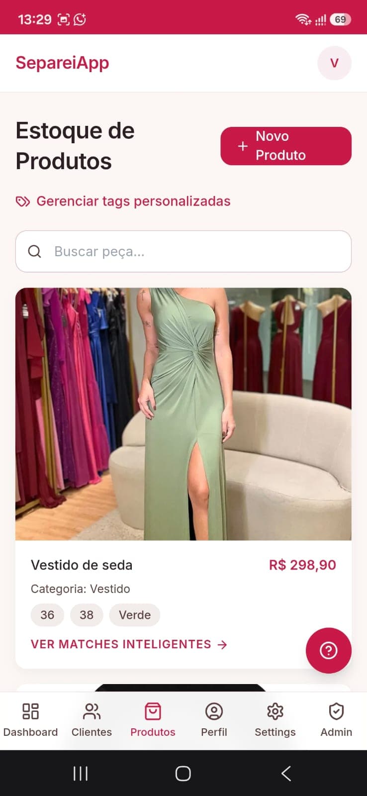 Produto vestido de seda cadastrado no SepareiApp