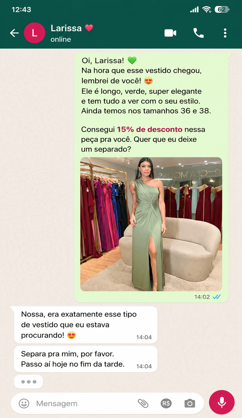 Conversa no WhatsApp com mensagem personalizada e resposta da cliente